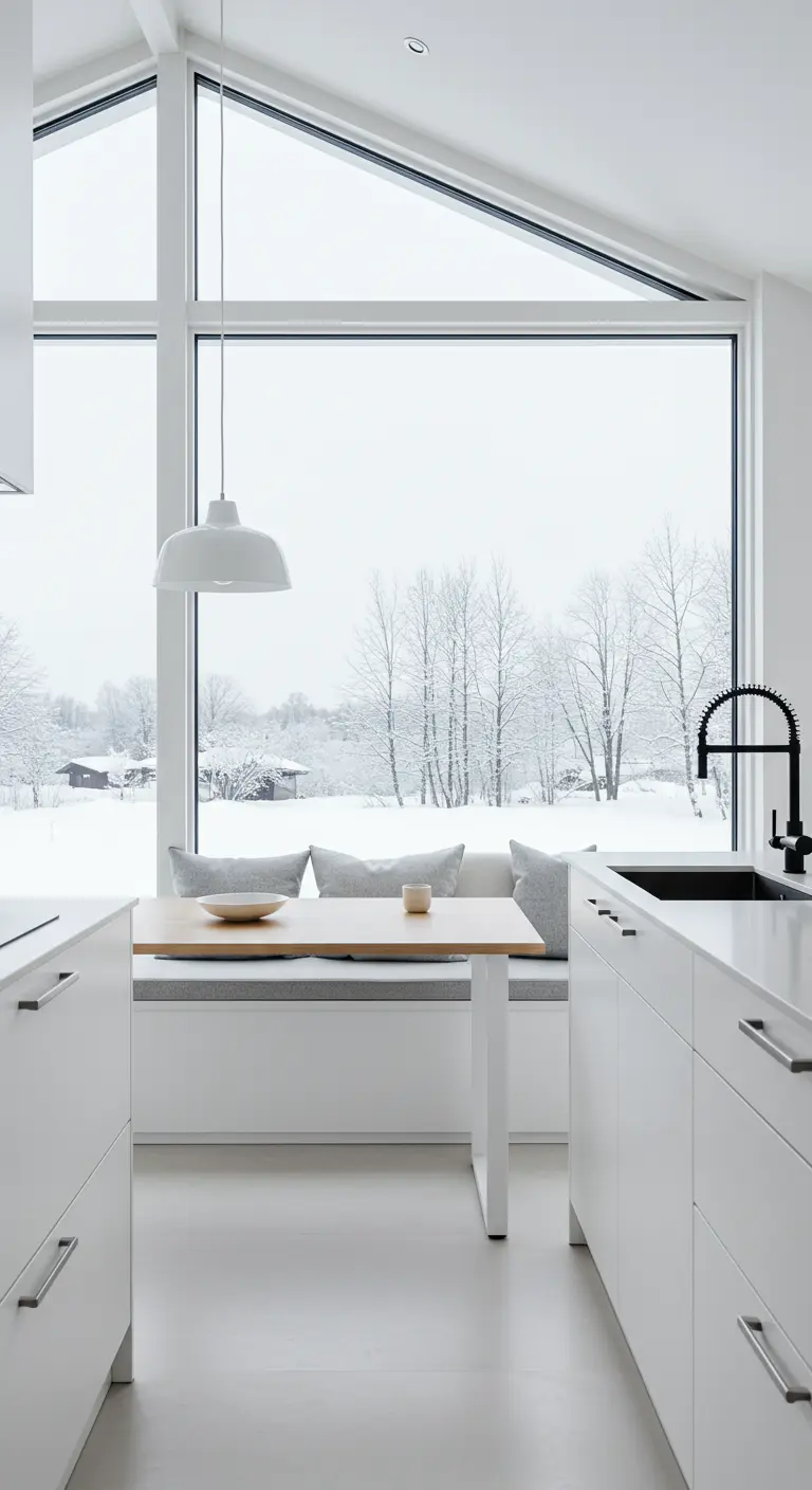 Cocina blanca con ventanal triangular y banco con mesa para desayunar.