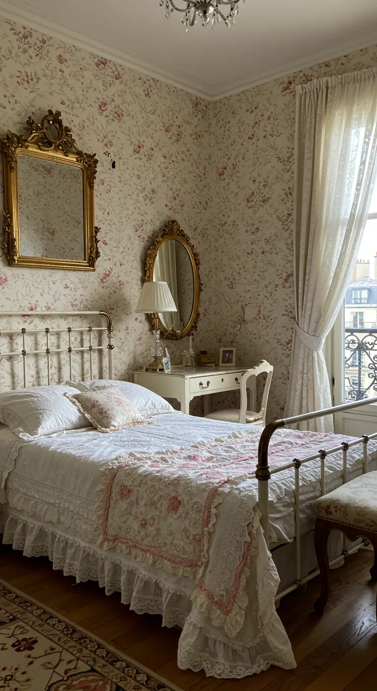 Dormitorio vintage de estilo francés con cama de hierro, papel pintado floral y espejos dorados.
