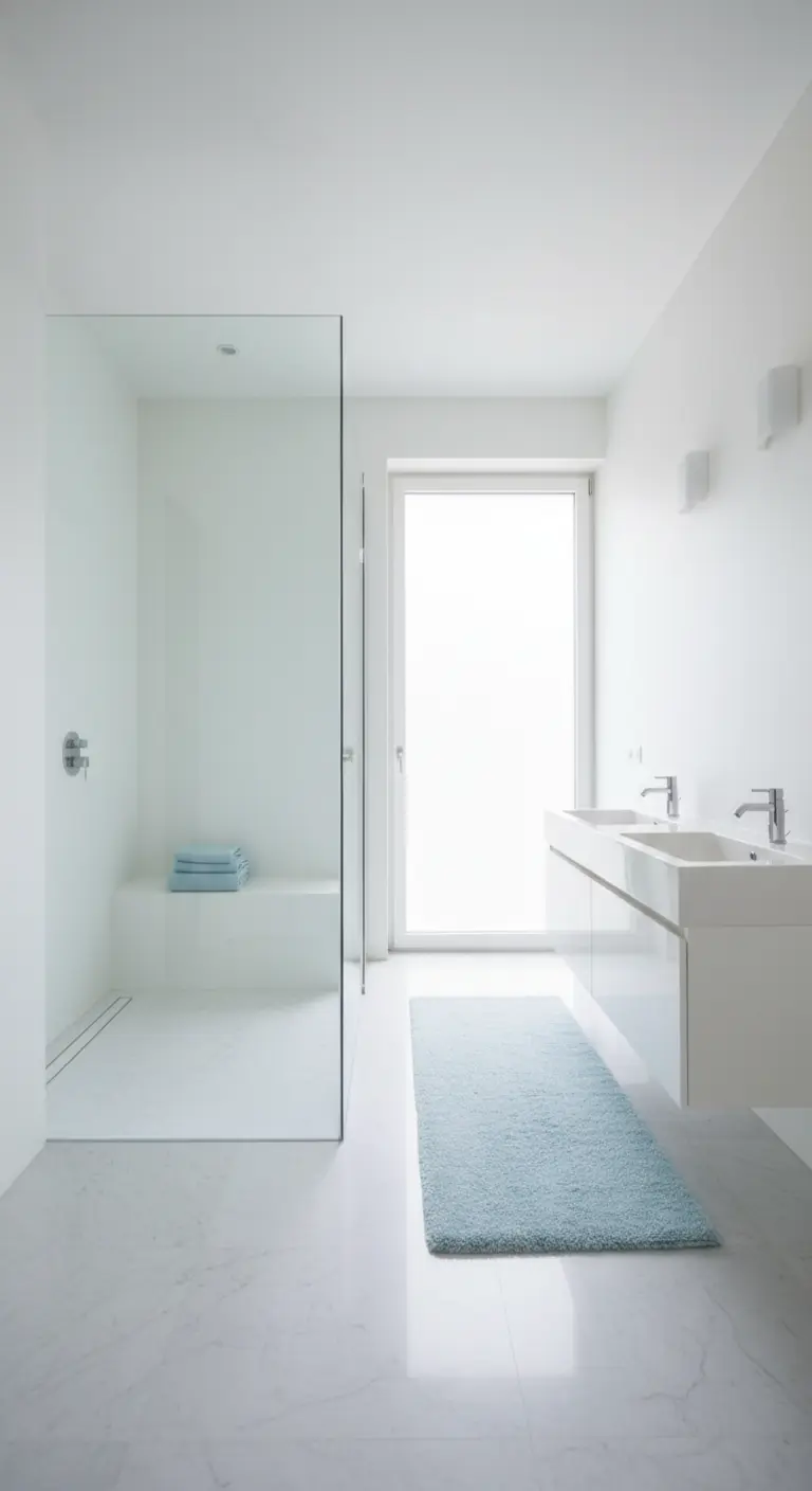 Baño ultraminimalista totalmente blanco con una alfombra alargada de color azul pastel.