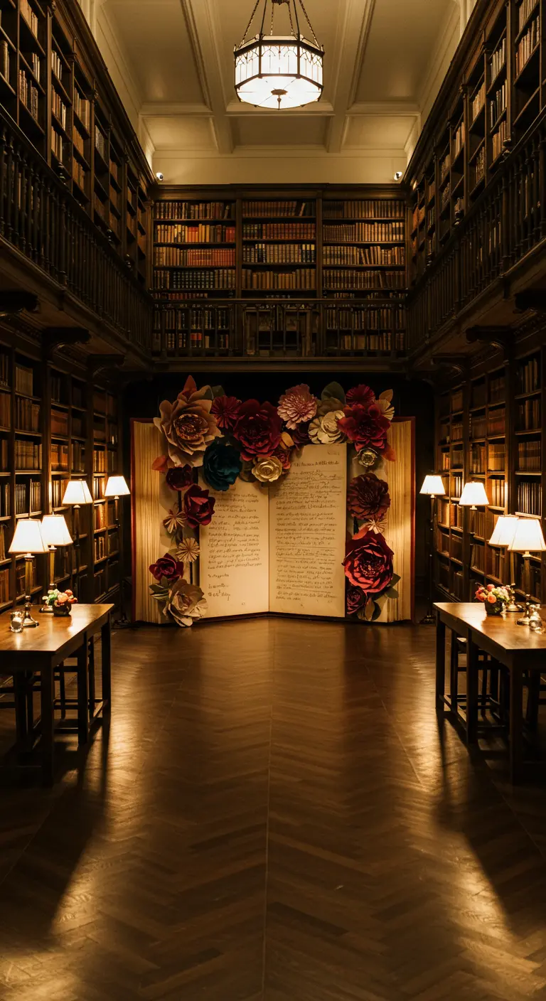 Un libro gigante abierto y decorado con flores de papel sirve de fondo en una biblioteca clásica.