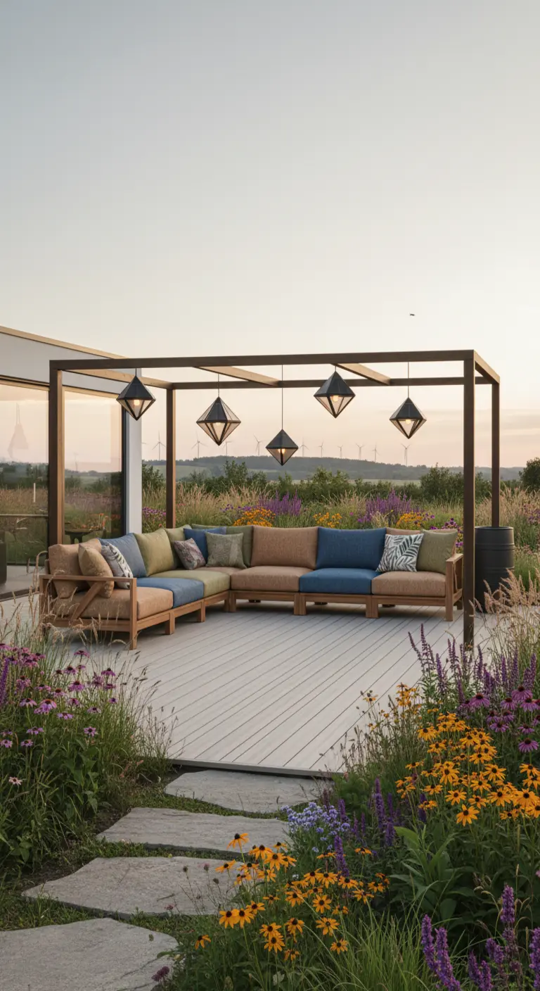 Terraza con pérgola en un prado de flores silvestres, con un sofá modular de cojines multicolores