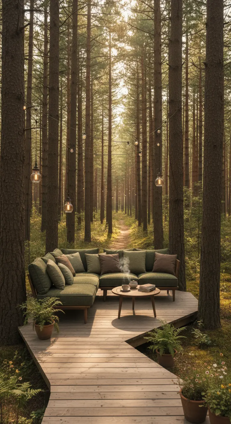 Plataforma de madera en un bosque con un sofá modular verde y luces colgando entre los árboles