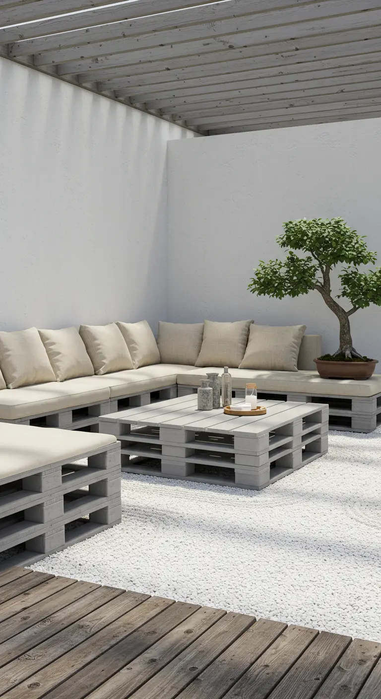 Gran sofá de palets en gris claro con cojines beis en un patio minimalista con suelo de grava blanca.