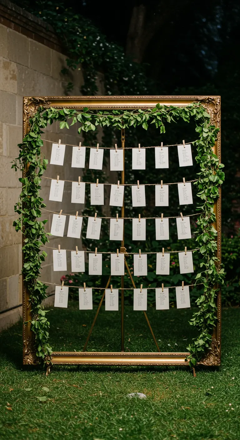 Plan de asientos de boda en un gran marco dorado envuelto en una guirnalda de hiedra.