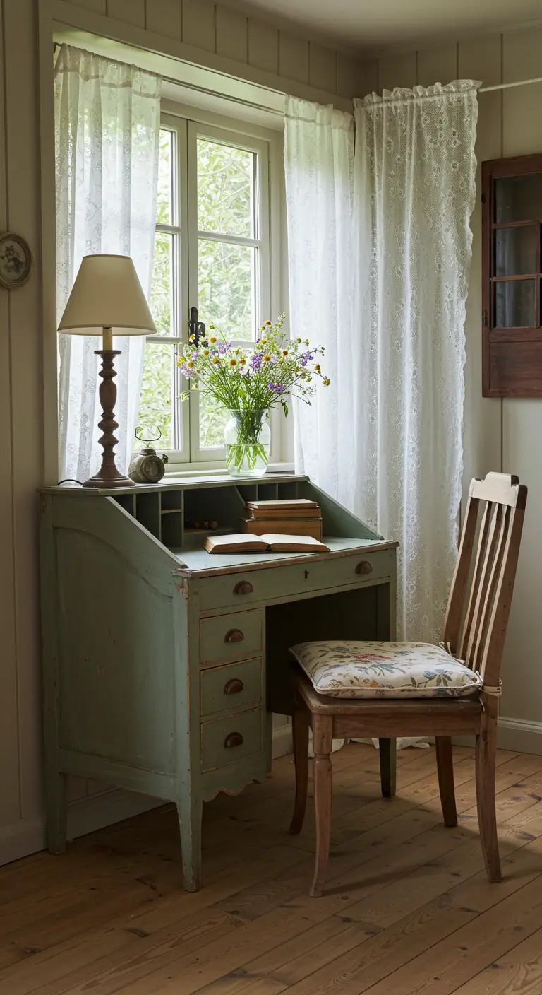 Escritorio vintage pintado de verde menta junto a una ventana con cortinas de encaje.