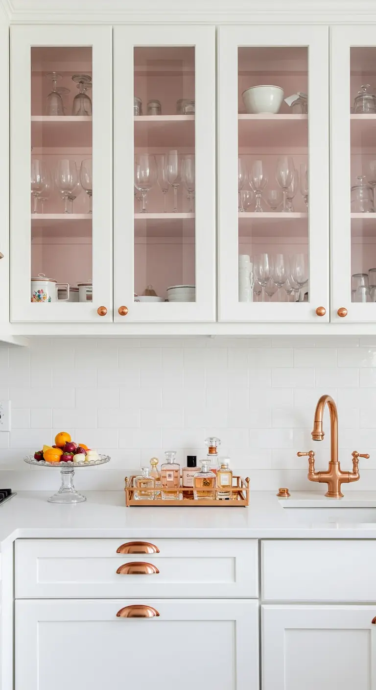 Vitrinas de cocina con el interior pintado de rosa pálido y pomos de cobre