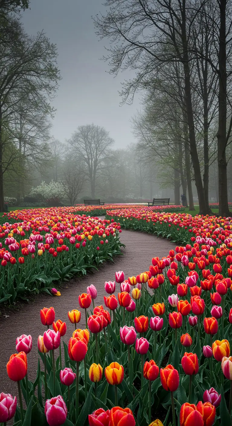 Sendero serpenteante bordeado por un campo denso de tulipanes rojos, rosas y amarillos.