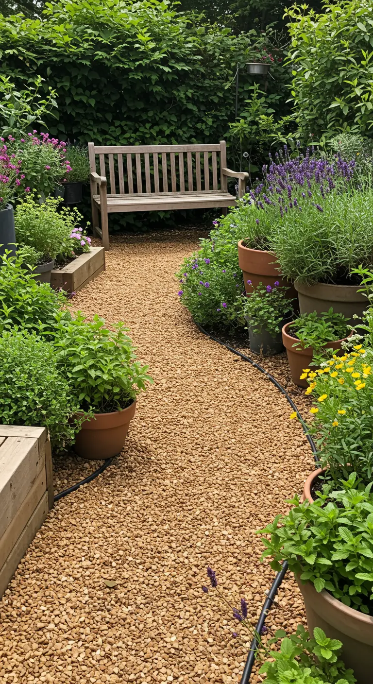 Sendero de grava en un jardín flanqueado por macetas y jardineras repletas de hierbas aromáticas.
