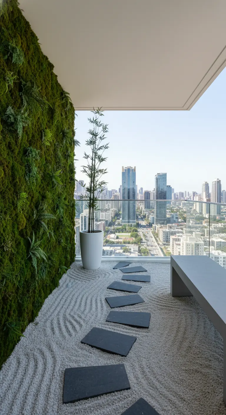 Balcón moderno con pared de musgo vertical, arena blanca rastrillada y un camino de lajas.