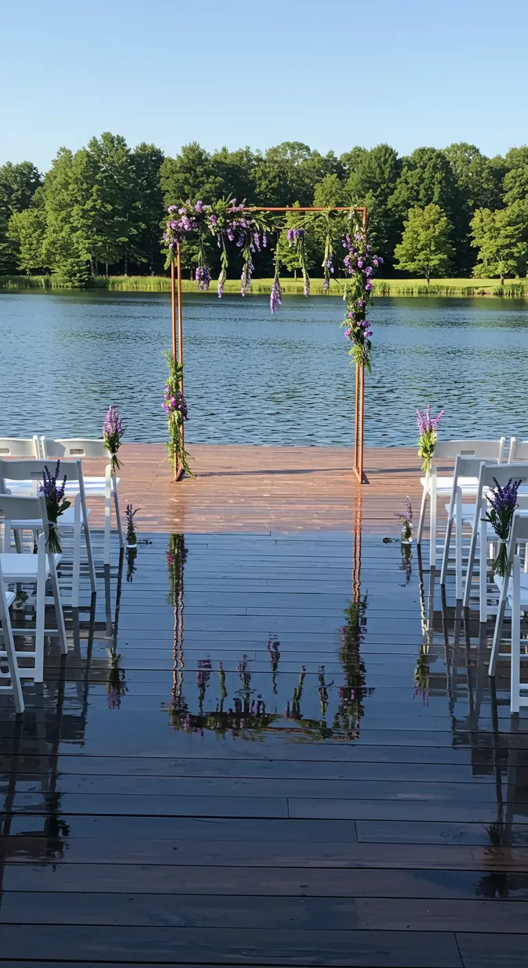 Arco de boda de cobre en un muelle, decorado con flores y ramos de lavanda colgantes.