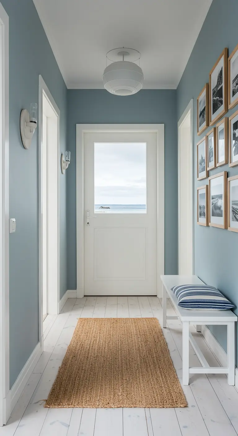 Recibidor de estilo costero con paredes azules, suelo blanco y una galería de fotos de paisajes.