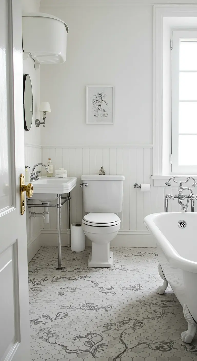 Baño blanco clásico con bañera con patas y suelo de baldosas hexagonales con patrón floral gris.
