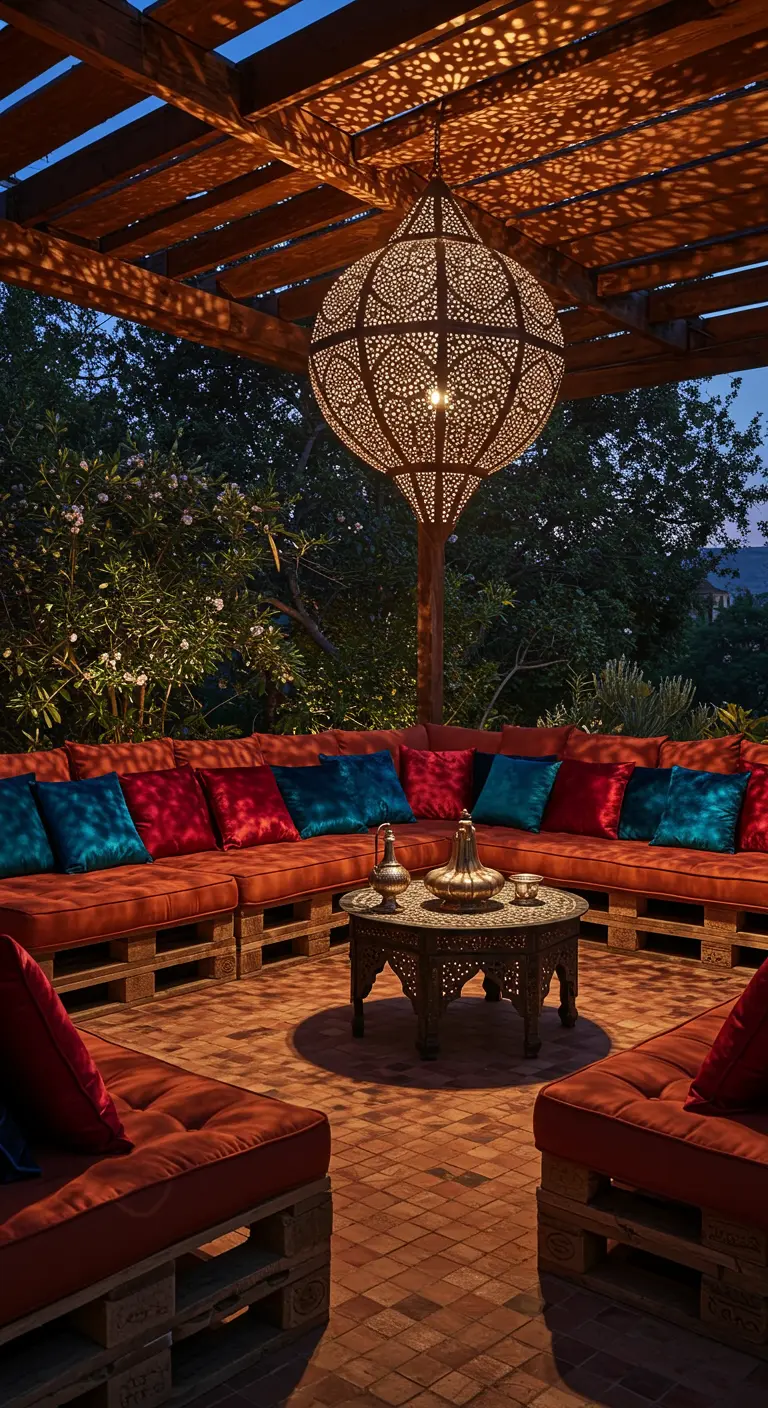 Patio de estilo marroquí con sofás de palets en color terracota, cojines de colores y una gran lámpara.