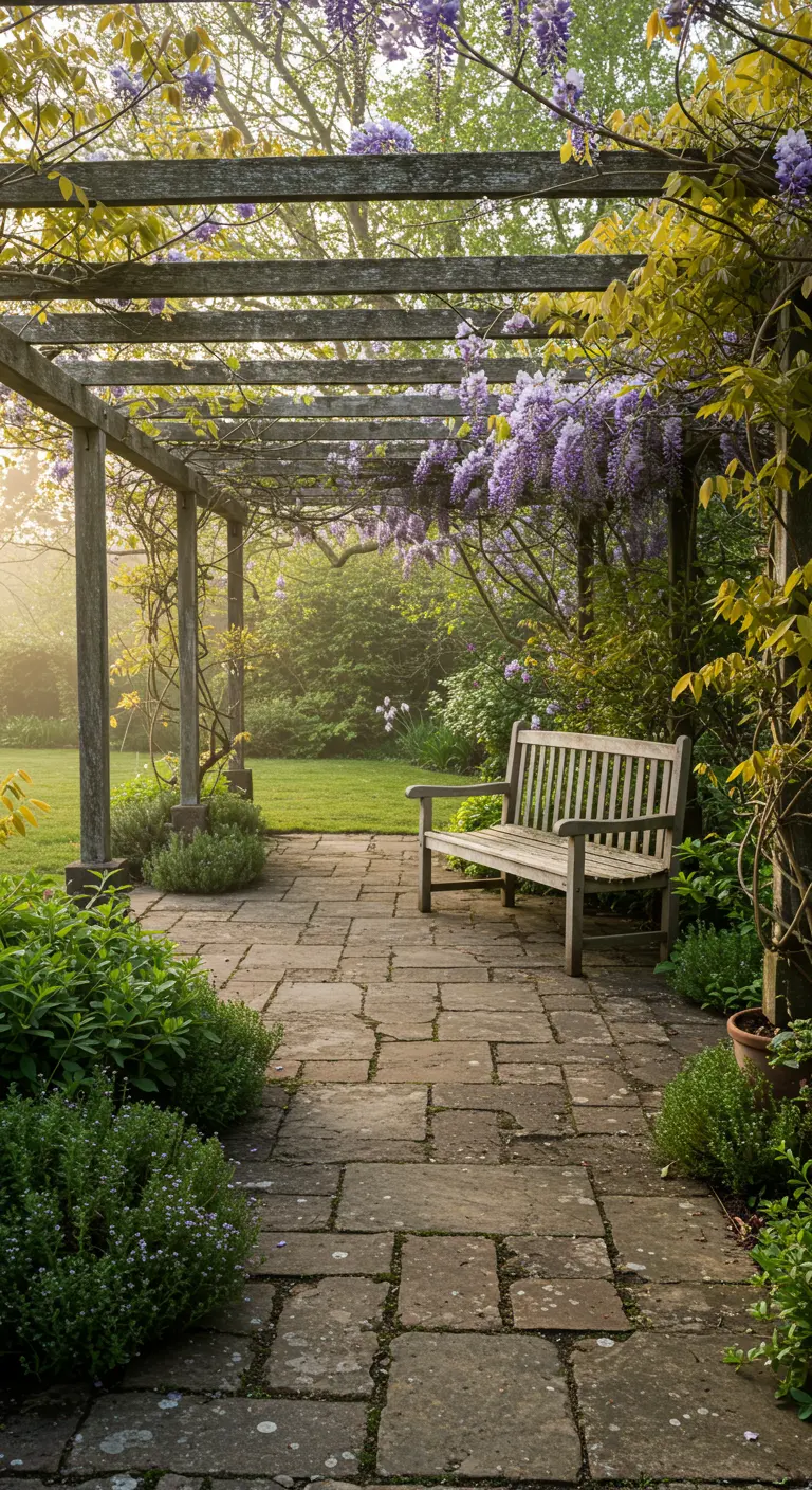 Pérgola de madera cubierta de glicinas sobre un patio de adoquines con un banco de jardín.