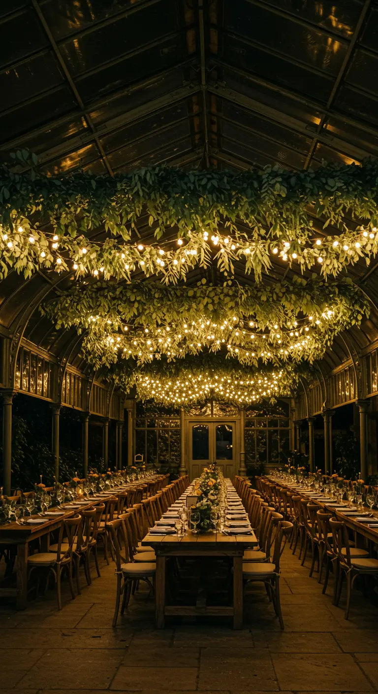 Salón de bodas tipo invernadero con largas mesas y un techo cubierto de guirnaldas y luces.