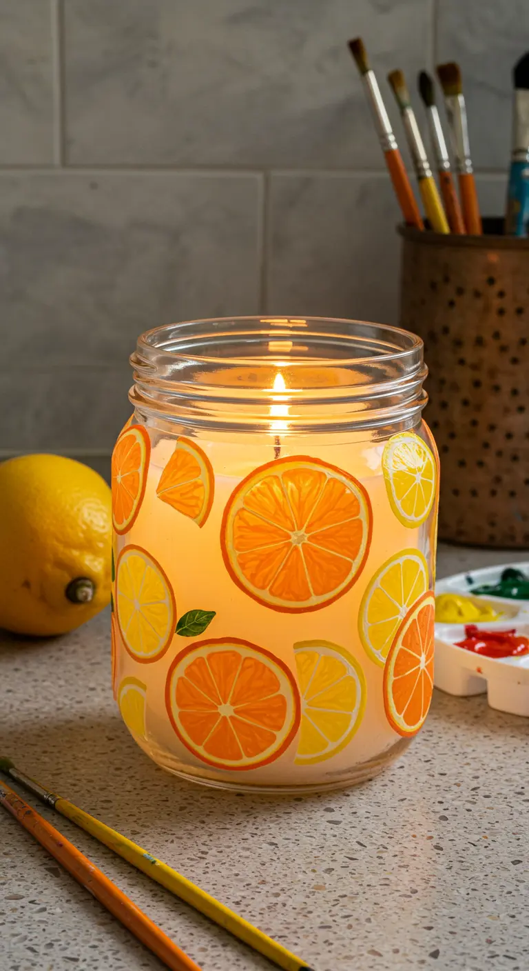 Tarro de cristal pintado con rodajas de naranja y limón, con una vela encendida dentro.