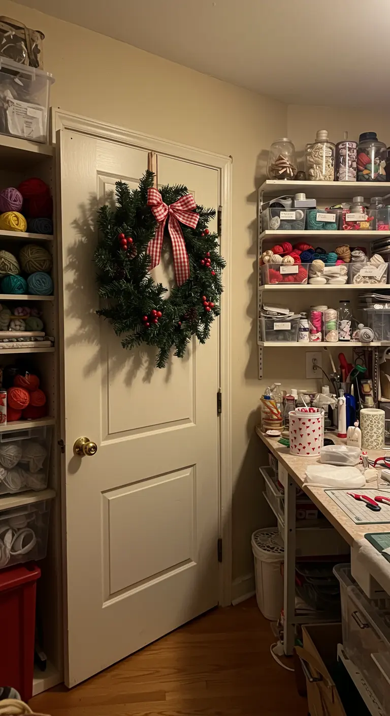 Corona con lazo de cuadros colgada en la puerta de una habitación de manualidades bien surtida.