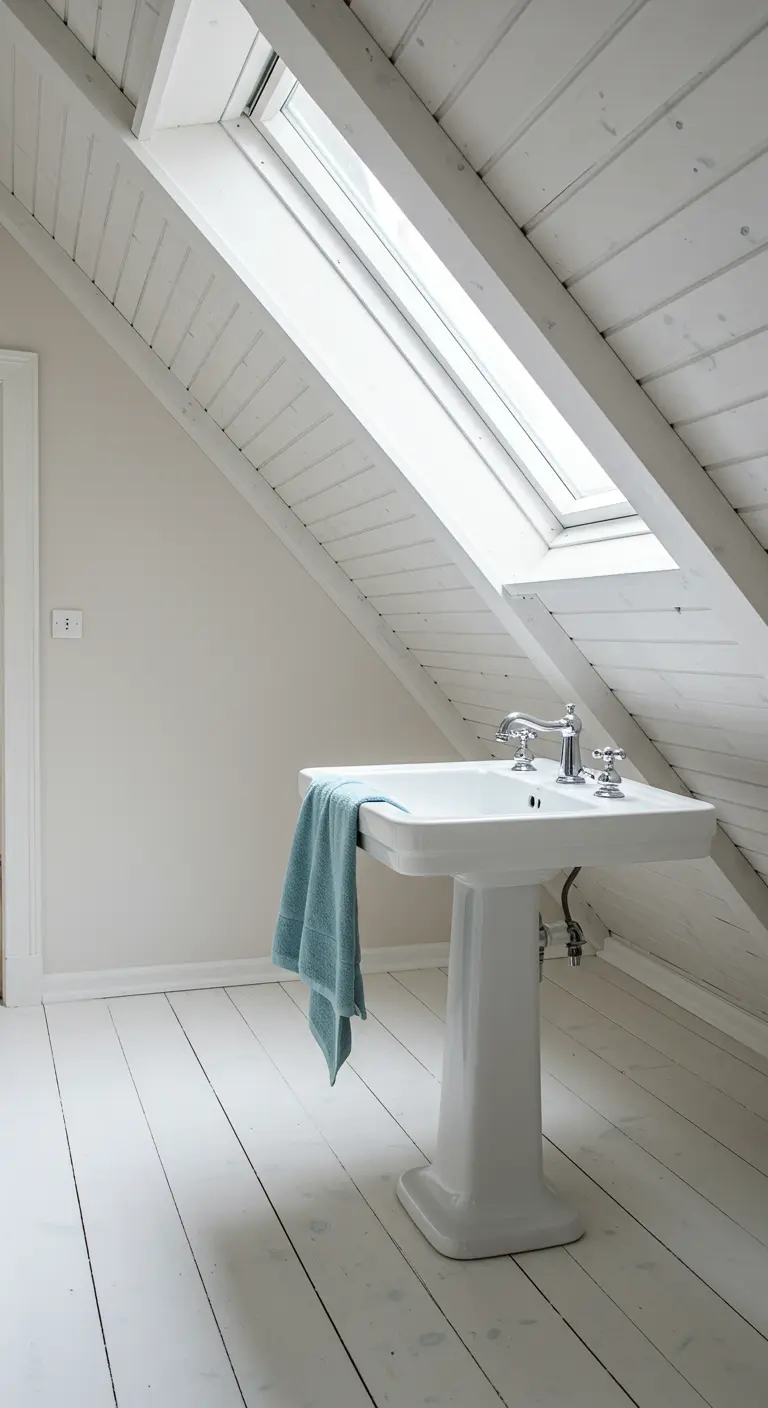 Baño blanco abuhardillado con lavabo de pedestal y una toalla azul colgada.