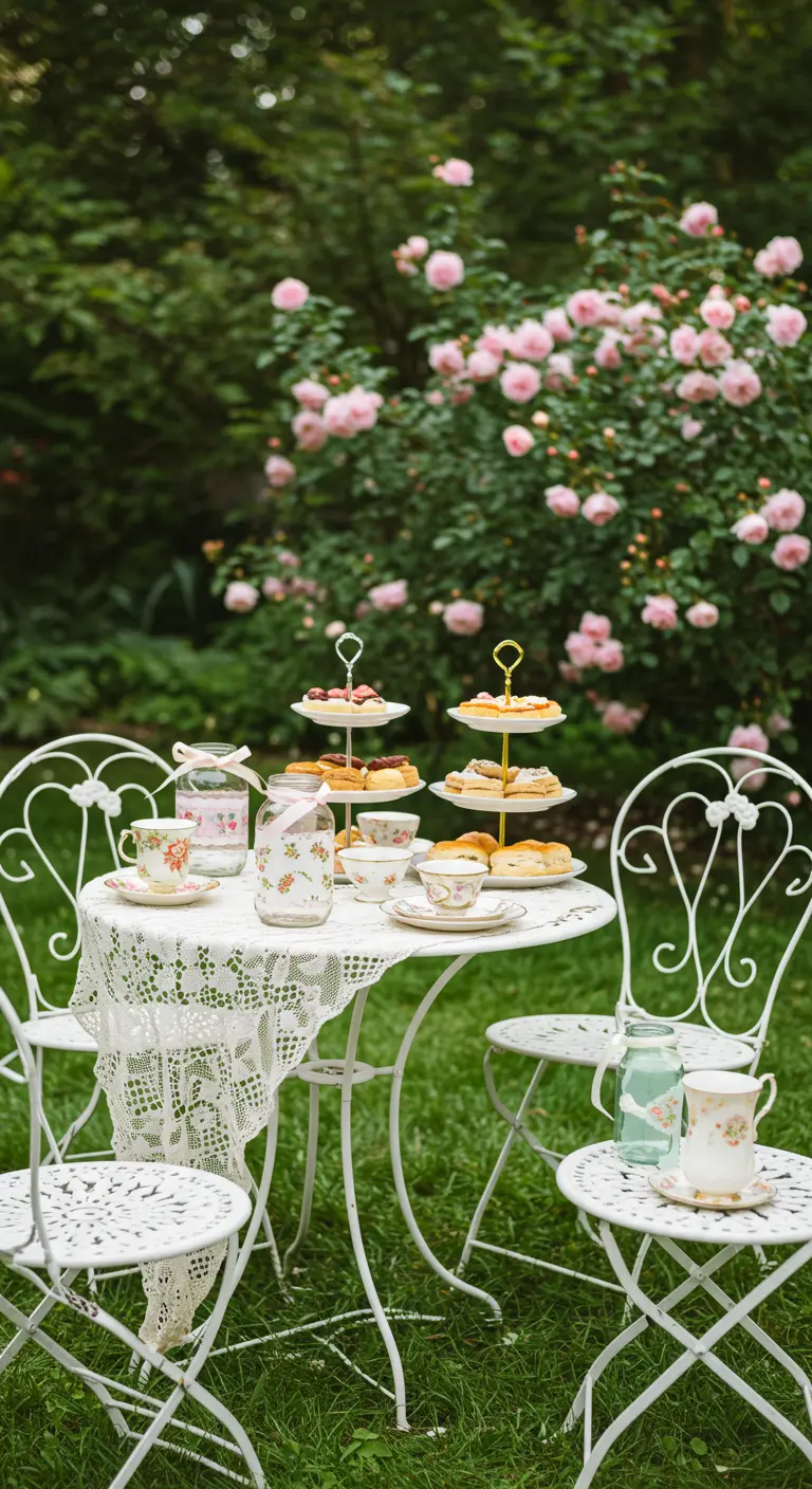 Mesa de té en el jardín con un portavelas de frasco decorado con flores.