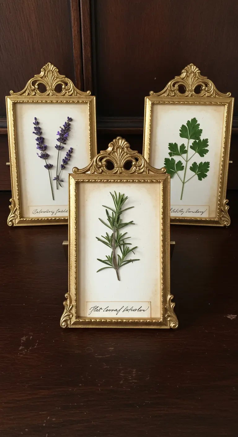 Tres marcos dorados de estilo vintage con lavanda, romero y perejil prensados.
