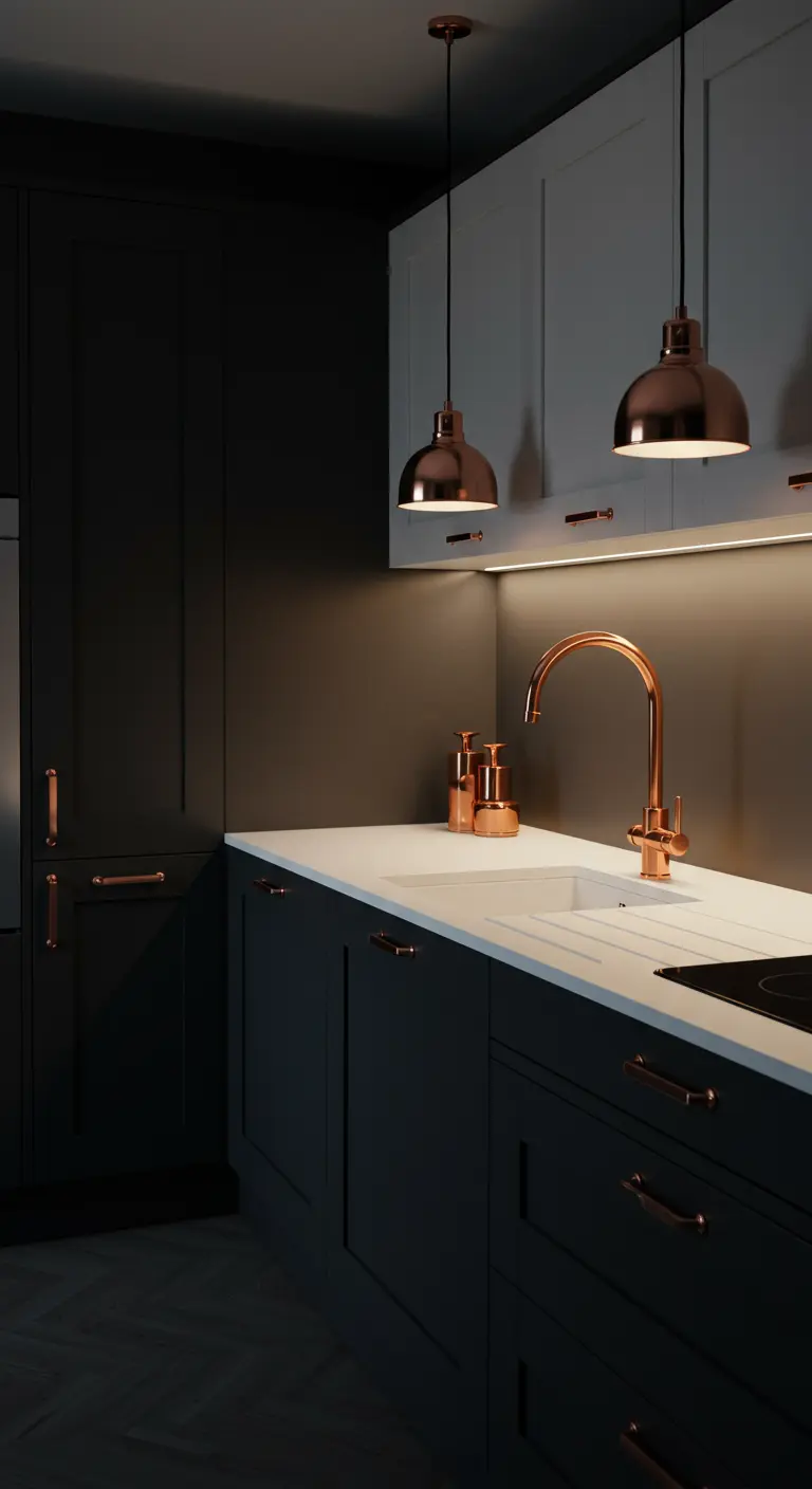 Cocina con armarios blancos y negros, y lámparas colgantes de cobre que iluminan la encimera