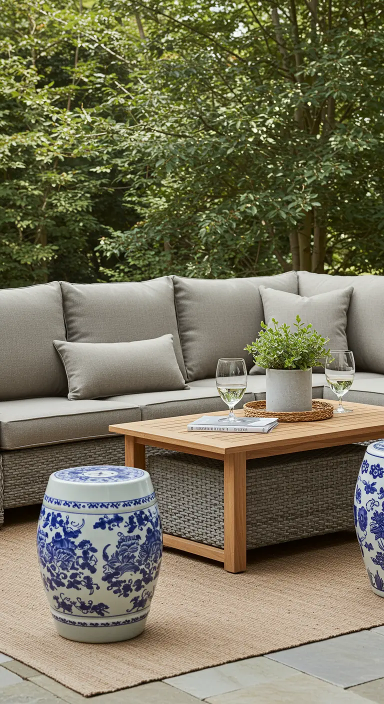 Patio con un sofá de ratán gris y taburetes de jardín de porcelana china azul y blanca