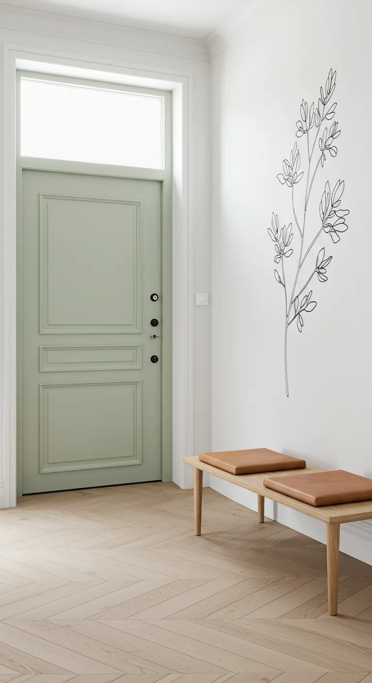 Recibidor minimalista con una puerta verde salvia y un dibujo de una rama en la pared blanca.