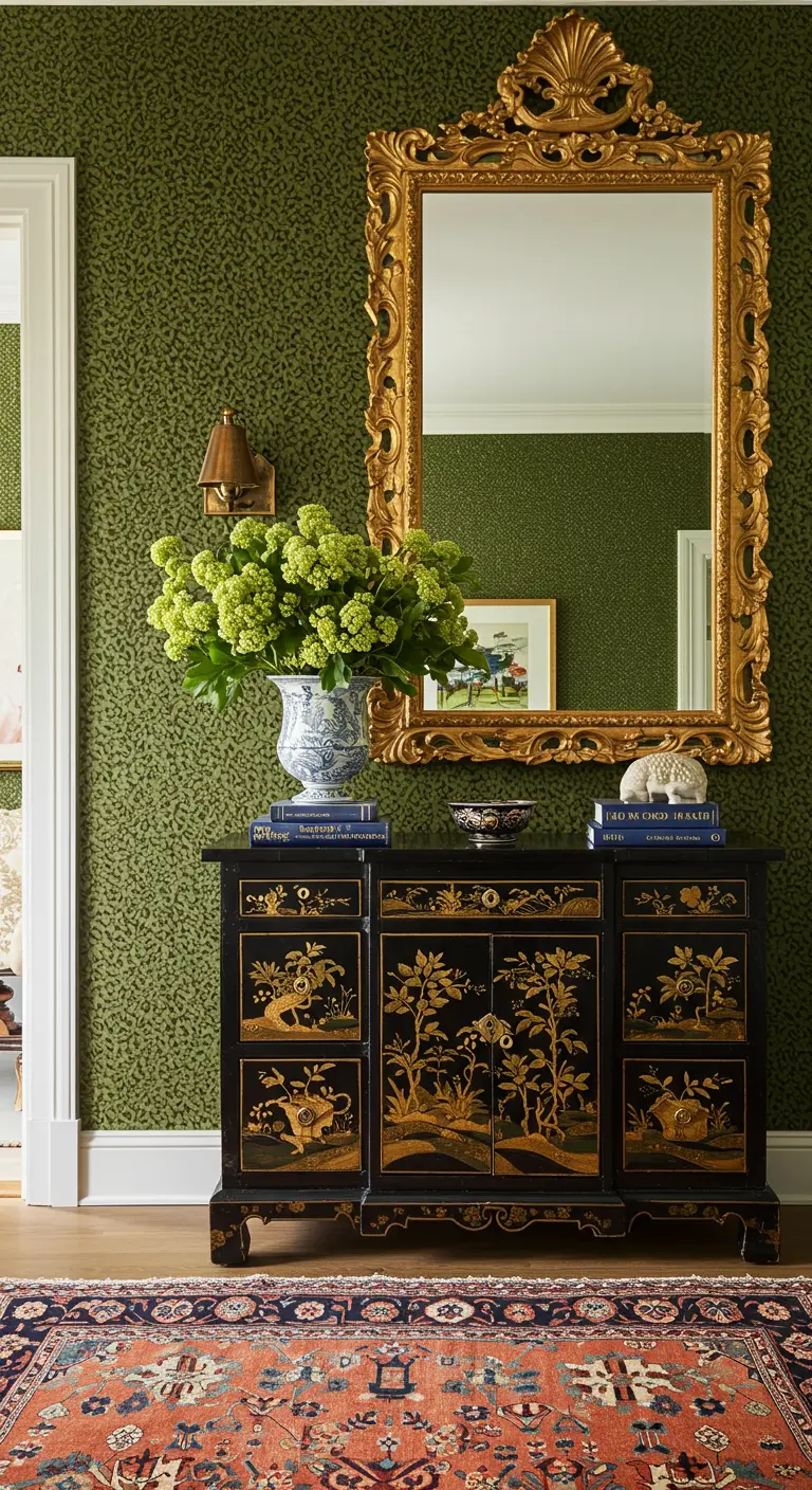Aparador Chinoiserie negro y dorado contra una pared verde texturizada.