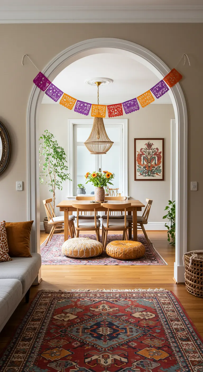 Arco de entrada a un comedor decorado con una guirnalda de papel picado.