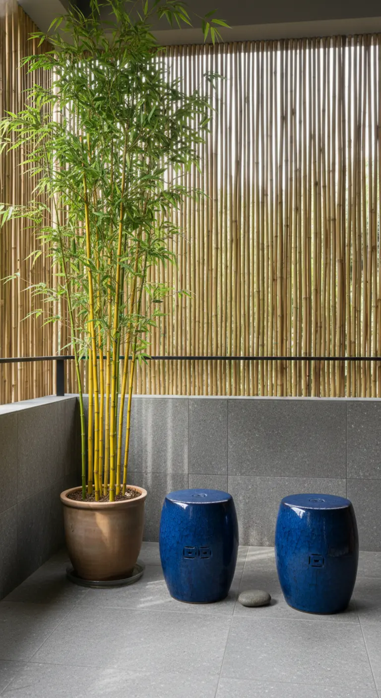 Balcón con una gran planta de bambú y dos taburetes de jardín de cerámica azul brillante.