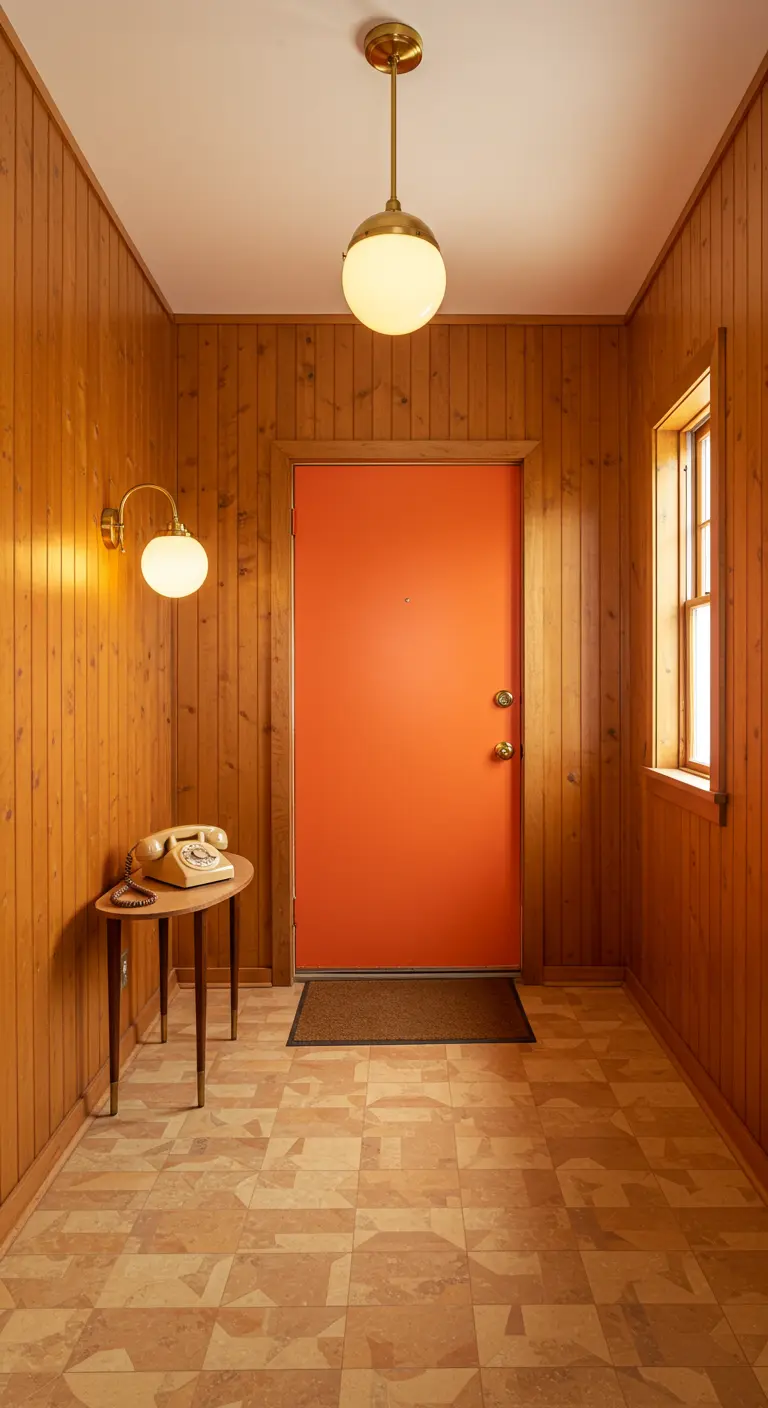 Recibidor retro con paredes de pino y una puerta pintada de color naranja brillante