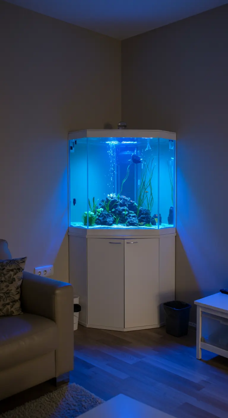 Acuario de esquina iluminado con una luz azul, creando un punto focal en una sala de estar.