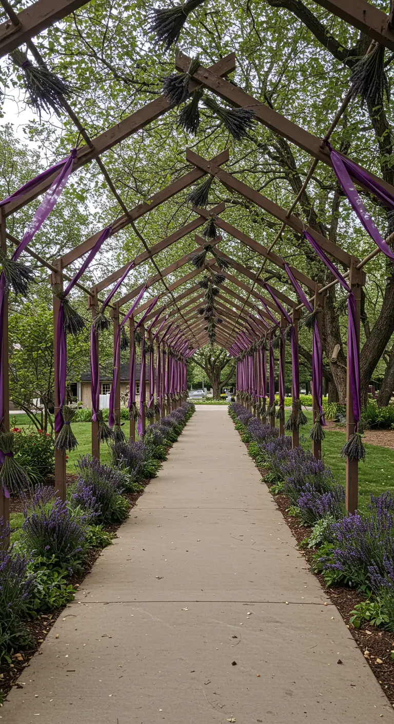 Largo pasillo cubierto con una estructura de madera, decorado con ramos de lavanda y telas.