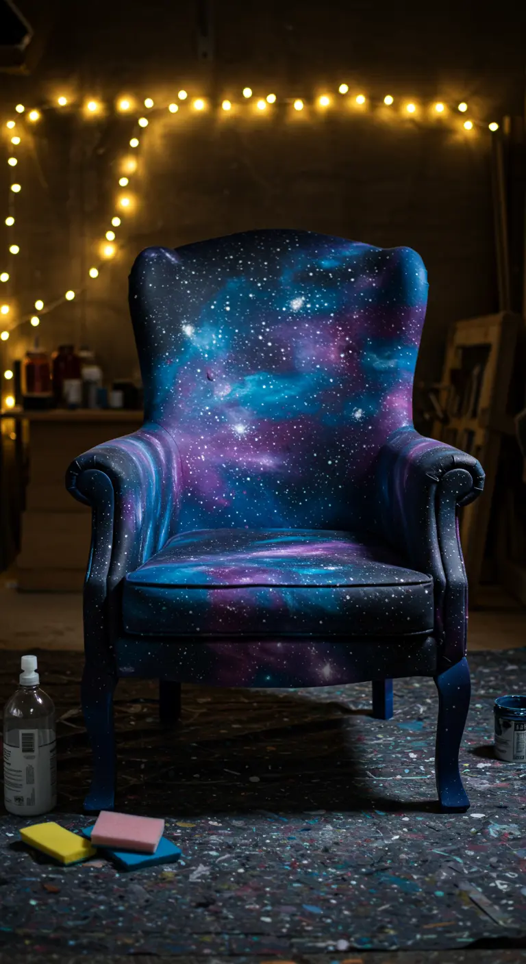 Sillón de orejas pintado a mano con un vibrante y detallado diseño de galaxia.