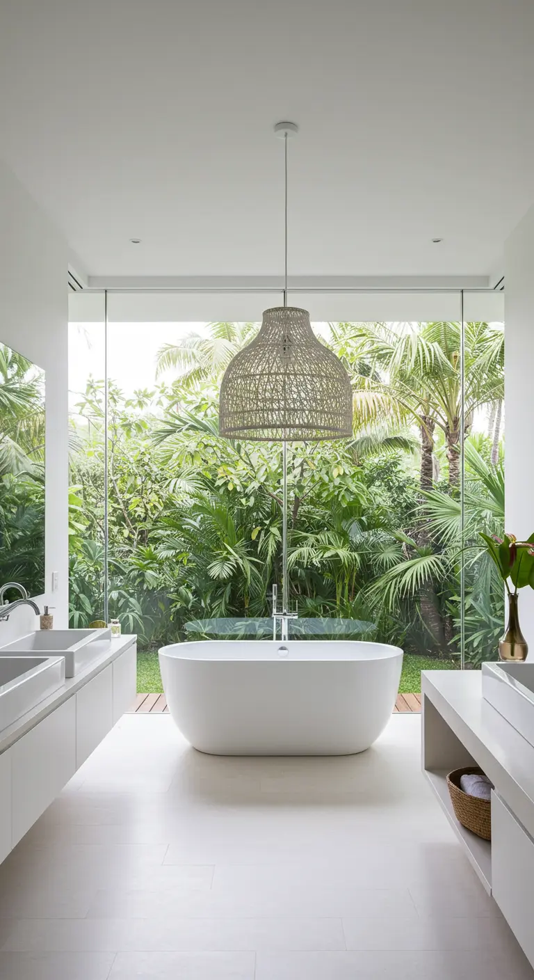 Baño blanco con una bañera exenta frente a un enorme ventanal con vistas a un jardín tropical.