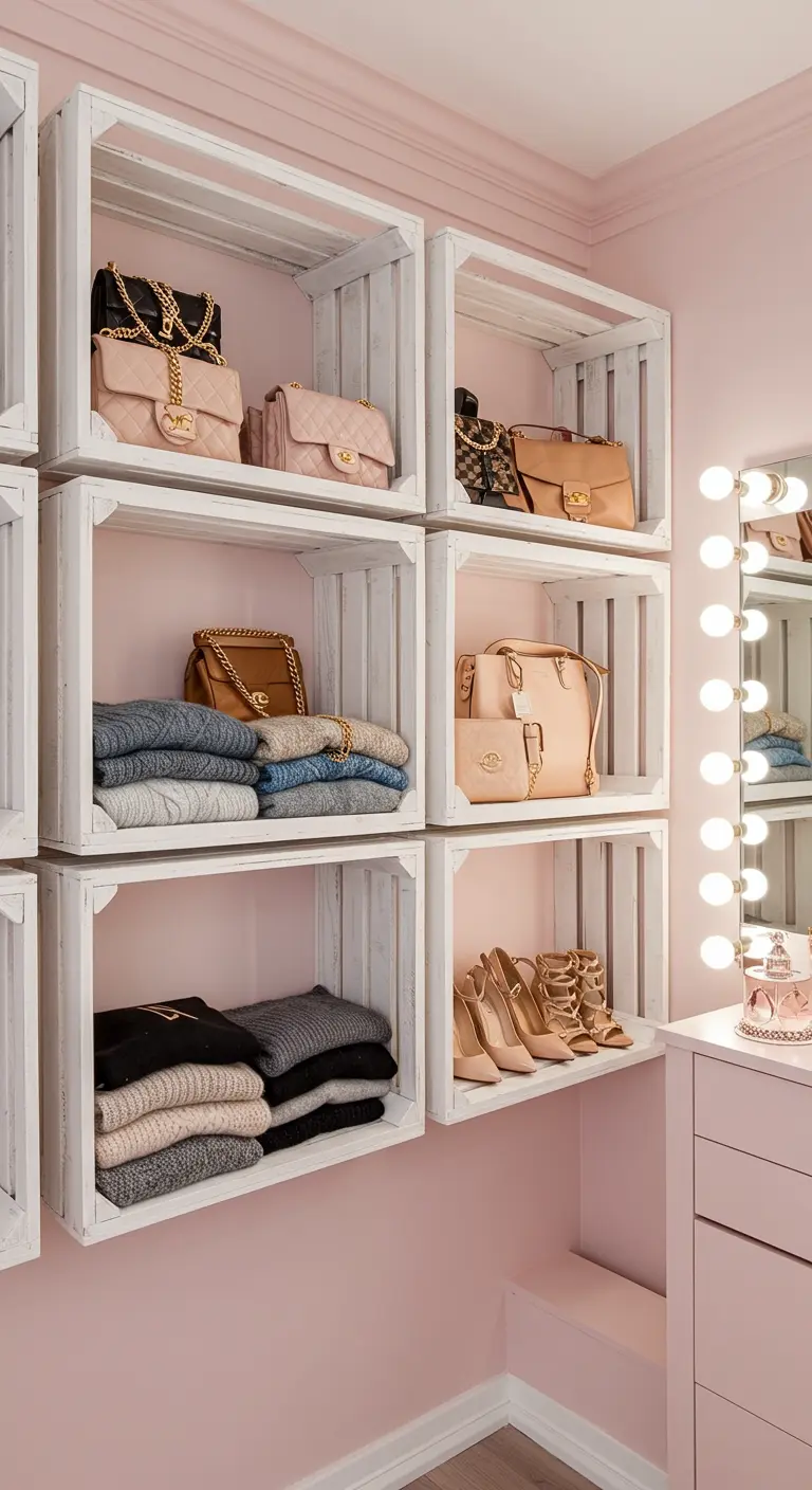 Vestidor con estanterías de cajas de madera blancas sobre pared rosa, organizando ropa y bolsos.