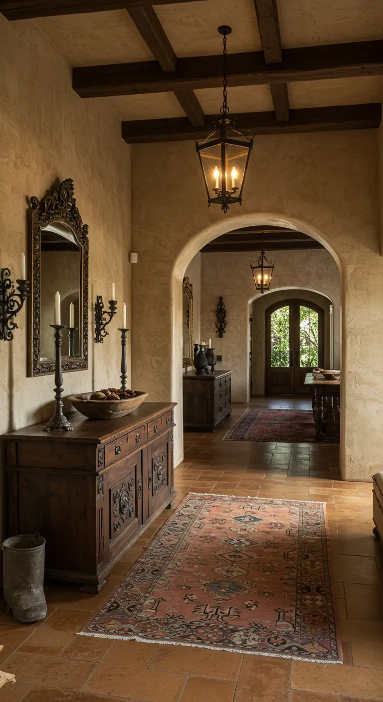 Recibidor rústico de estilo toscano con paredes texturizadas, consola de madera y alfombra persa.