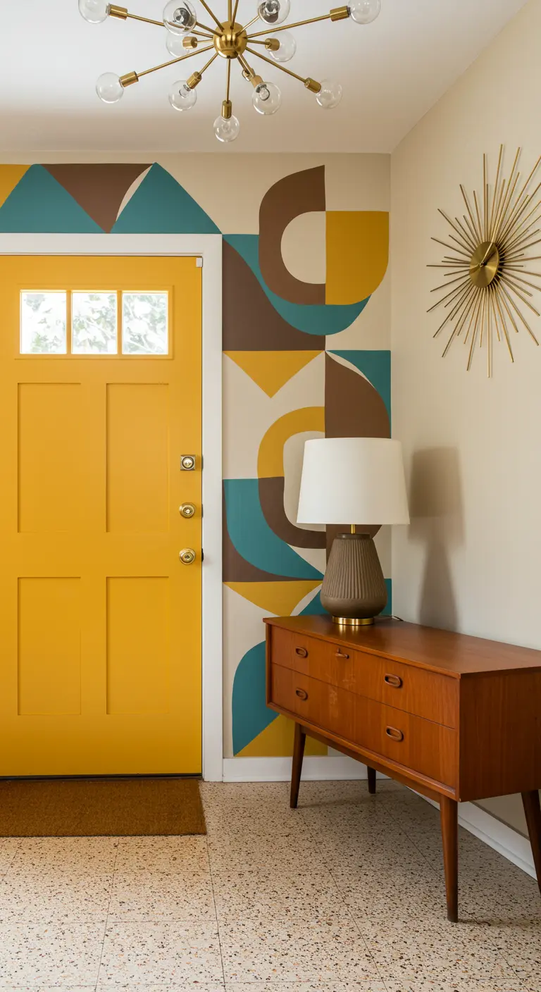 Entrada Mid-Century Modern con mural geométrico y una puerta amarilla mostaza.