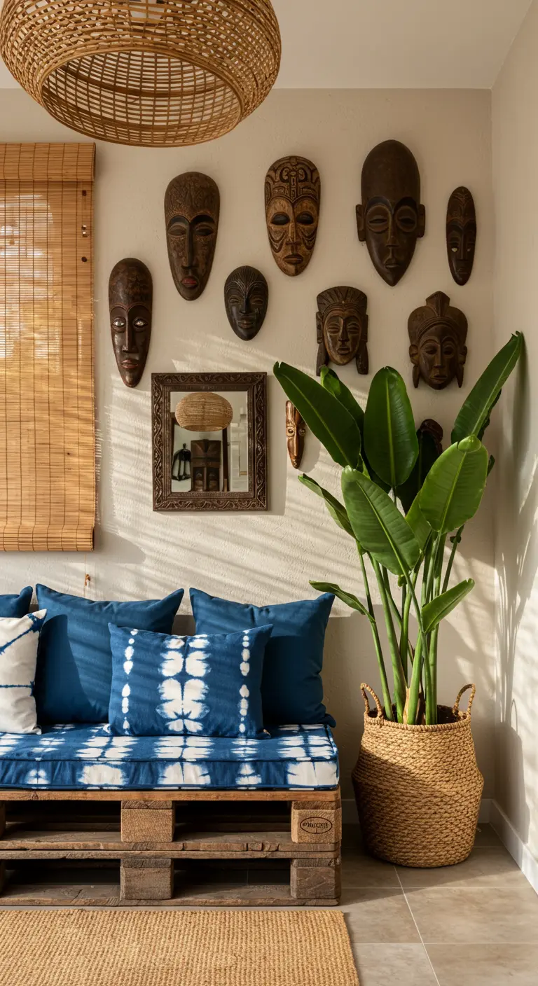 Banco de palets con cojines índigo y una pared decorada con máscaras africanas de madera.