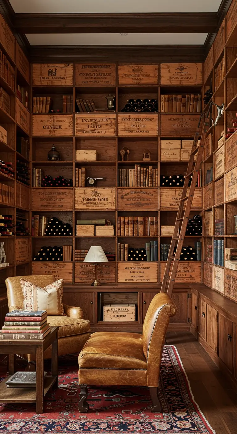 Biblioteca de pared completa hecha con cajas de vino antiguas, llena de libros y botellas.