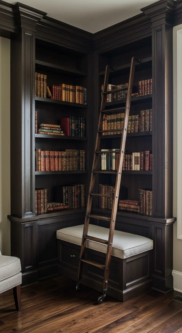 Biblioteca esquinera de madera oscura con una escalera móvil y un banco de lectura con almacenaje.