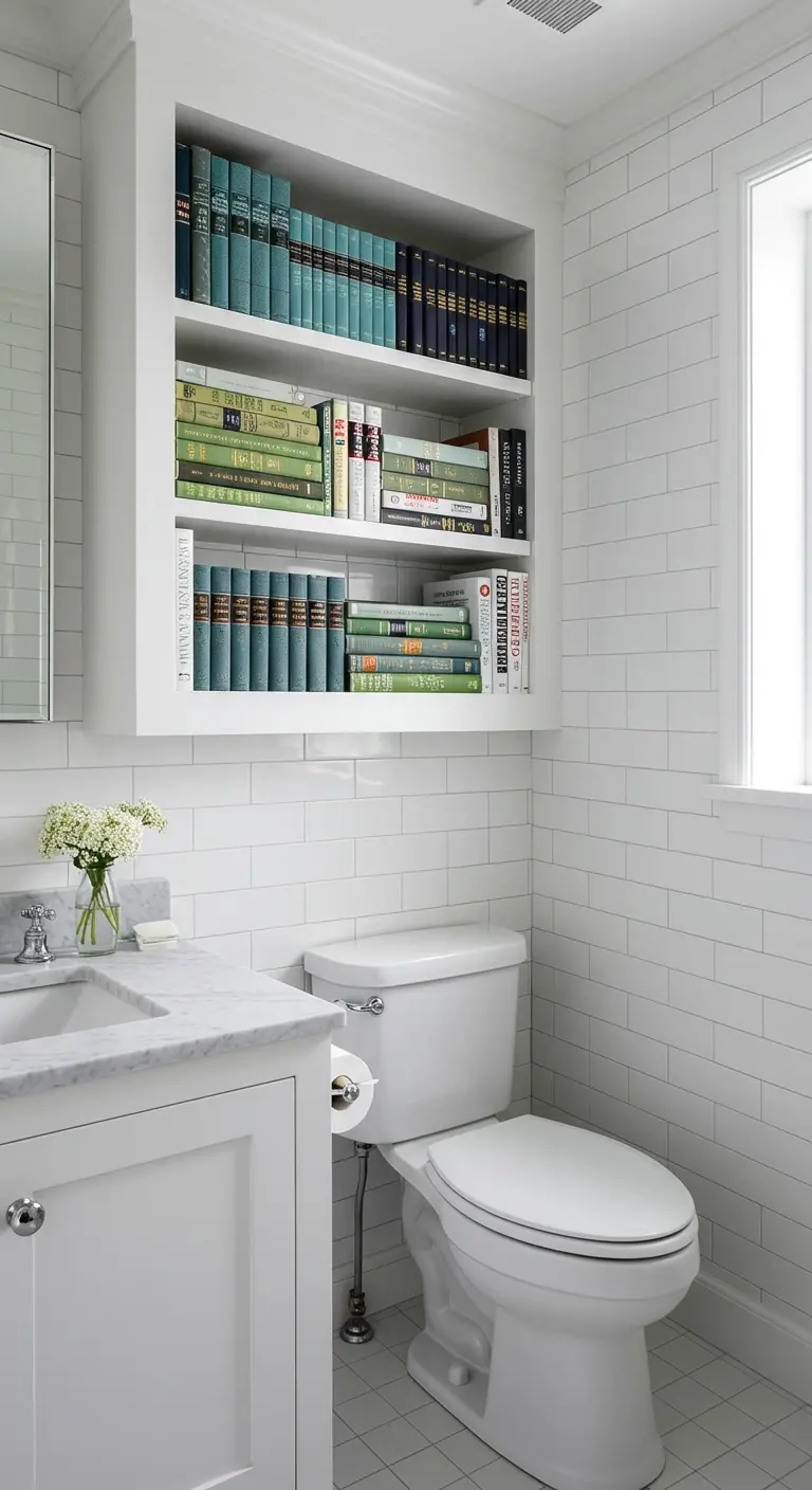 Baño blanco con azulejos tipo metro y una hornacina con estantes llenos de libros de colores.