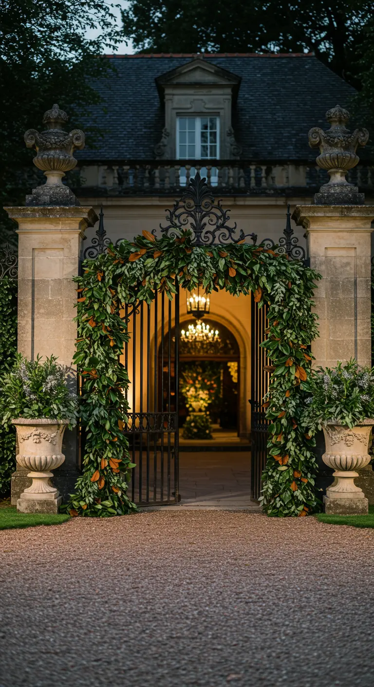 Arco de hojas verdes sobre una elegante puerta de hierro forjado en la entrada de una finca.