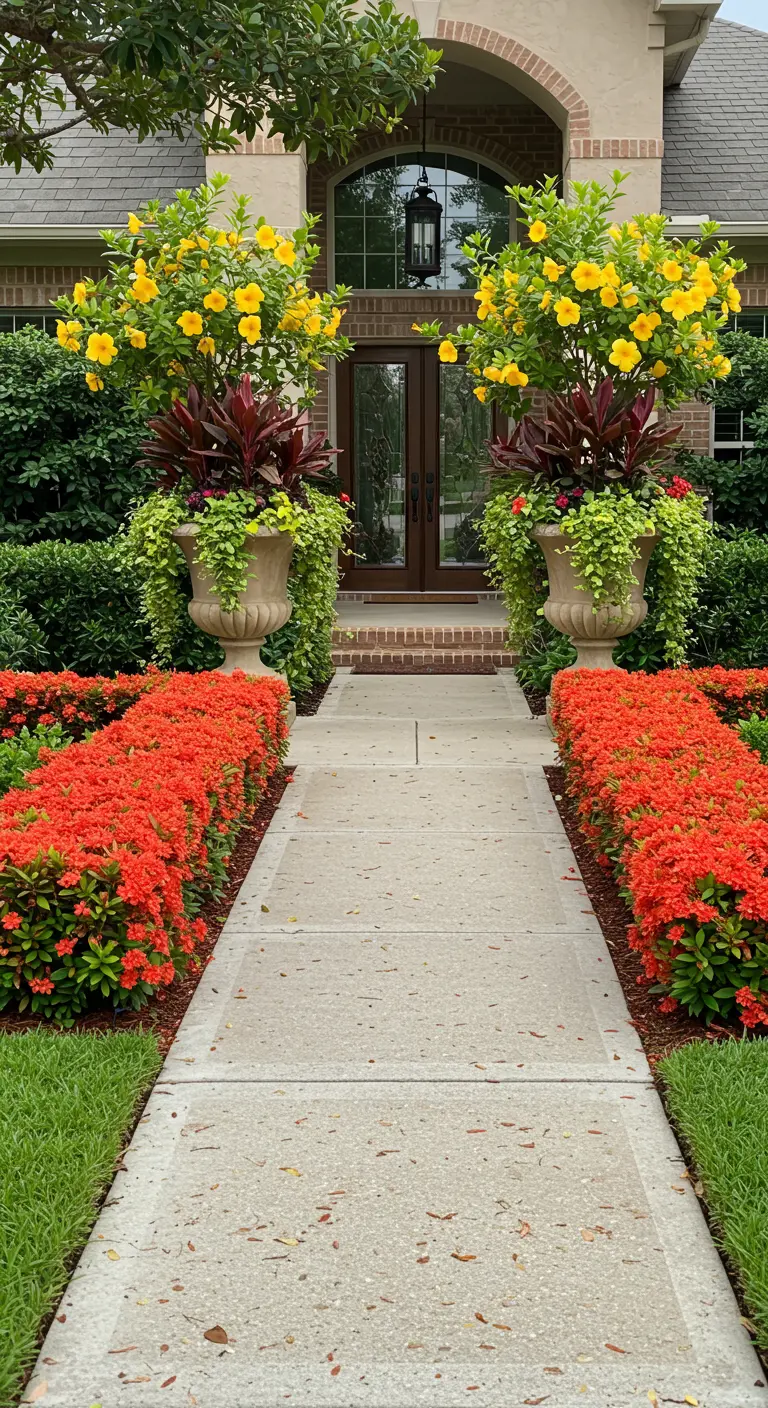 Entrada de una casa con dos grandes urnas de piedra simétricas llenas de plantas con flores amarillas y rojas.