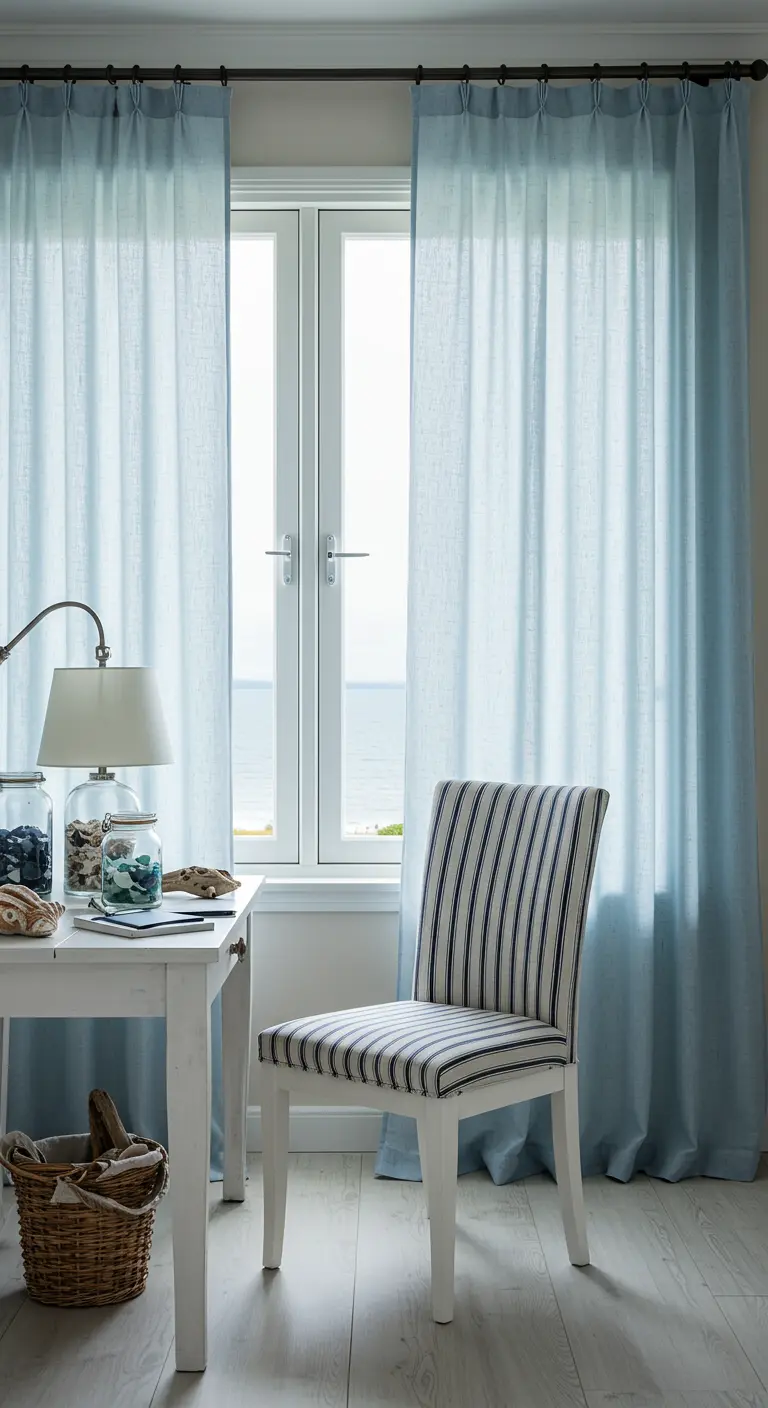 Espacio de trabajo de estilo costero con cortinas azul claro y silla de rayas marineras.