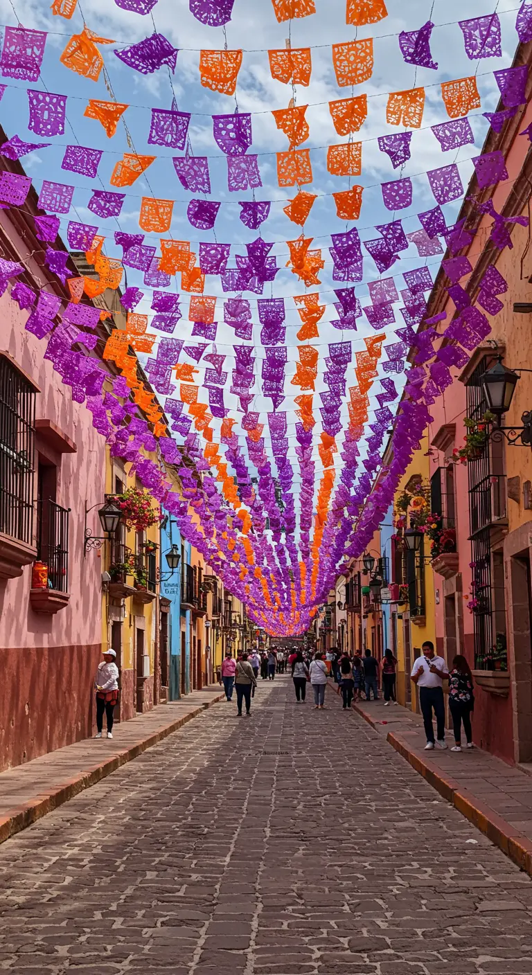 Calle estrecha y colorida con un techo denso de papel picado morado y naranja.