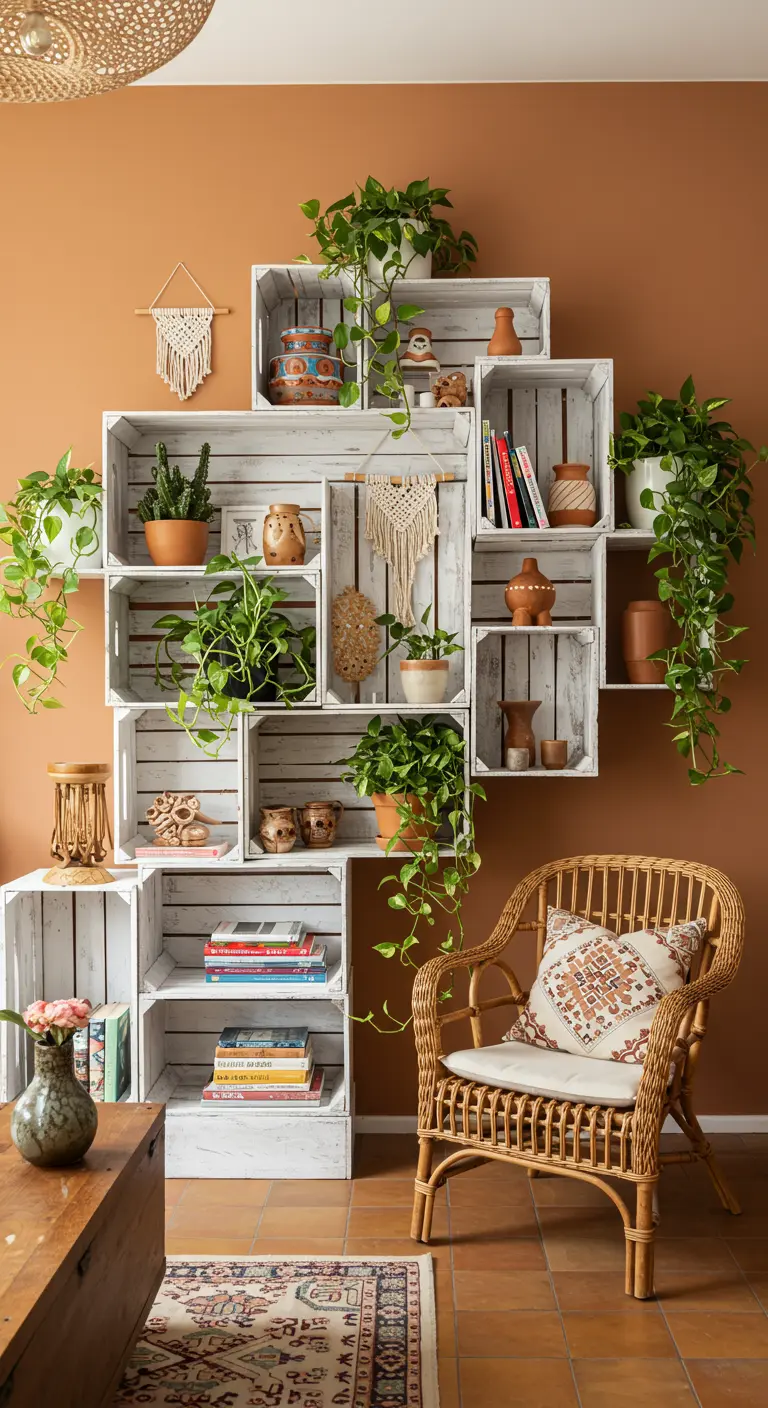 Gran estantería de cajas de madera blancas con plantas y decoración bohemia en una sala de estar.