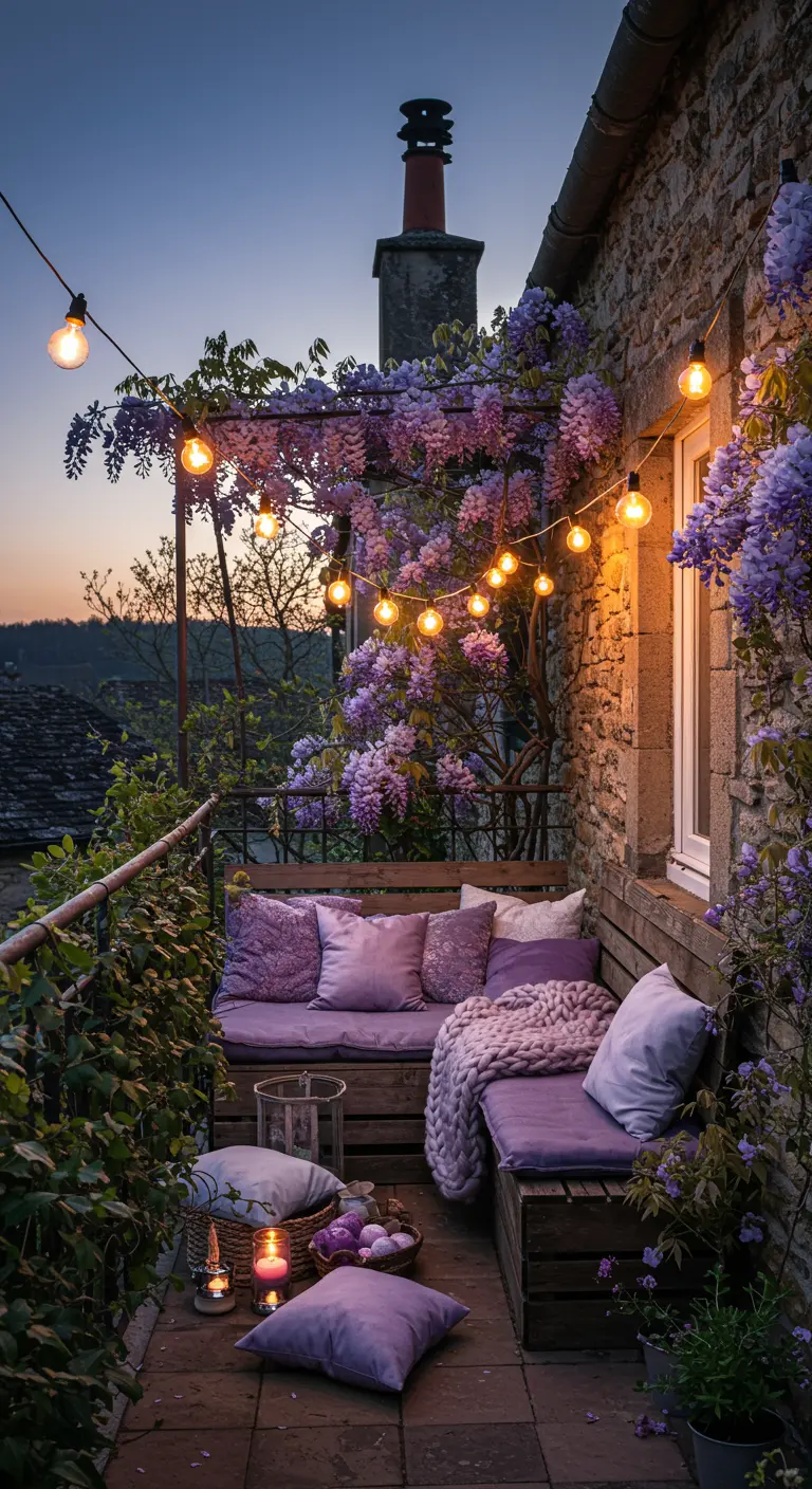 Balcón rústico y romántico cubierto de glicinias púrpuras, con un banco de madera y luces