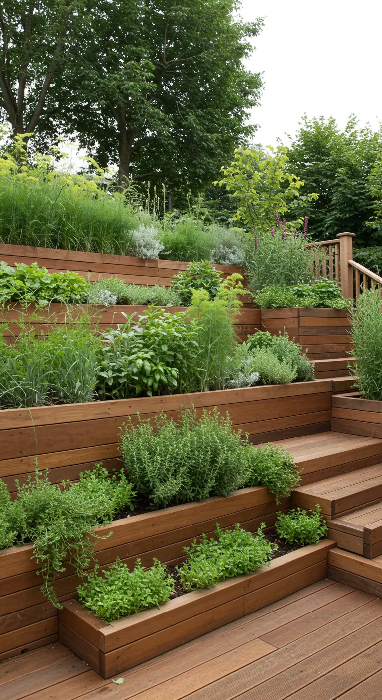 Jardín en pendiente con jardineras escalonadas de madera llenas de una variedad de hierbas.