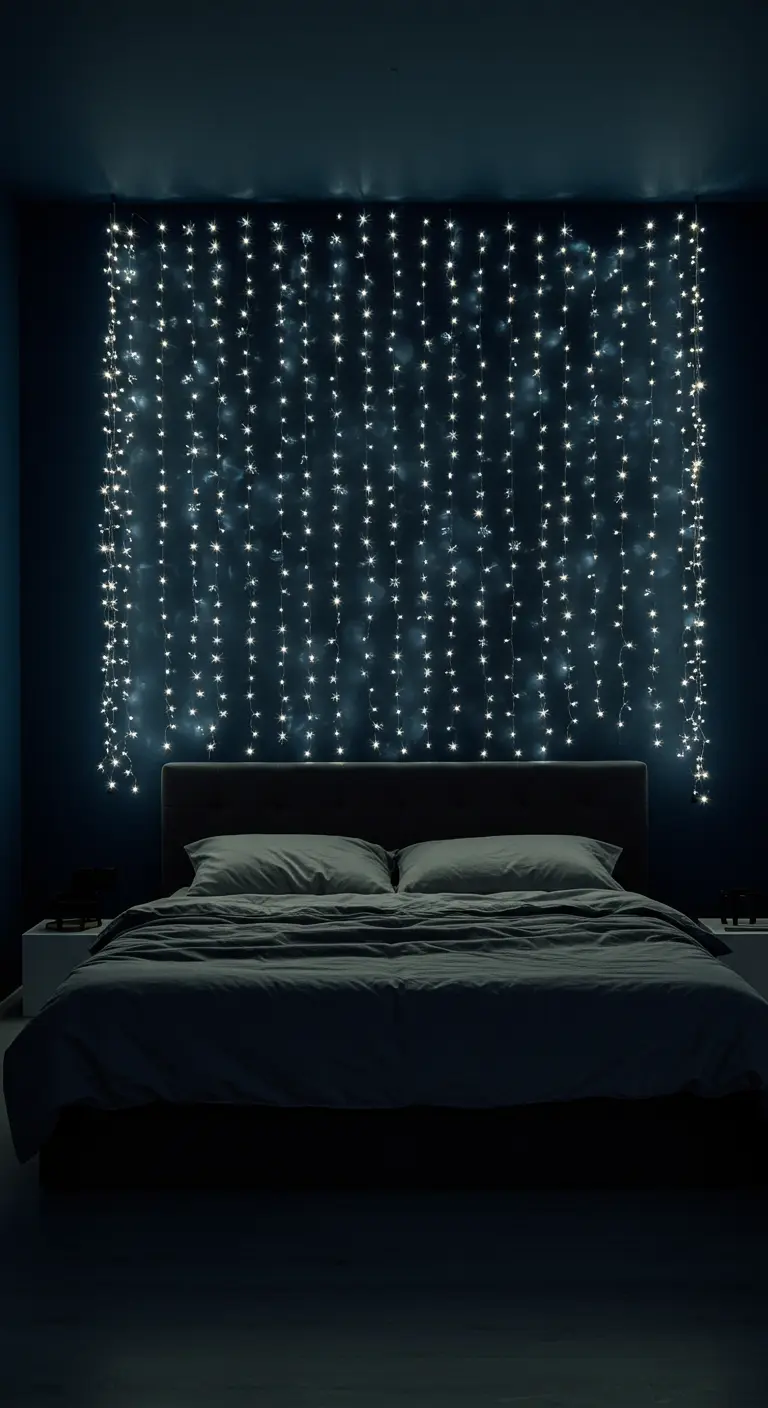 Pared azul oscuro detrás de una cama iluminada por una cortina de luces blancas y frías.